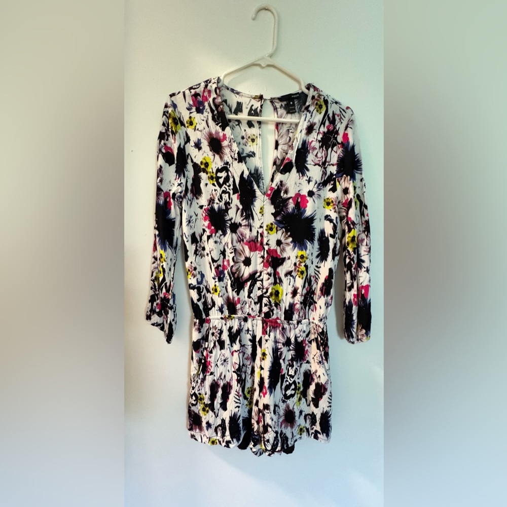 Aqua Floral V-Neck Long Sleeve Romper - White, Black, Pink & Yellow